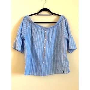 Polo Button front striped off the shoulder top. XL